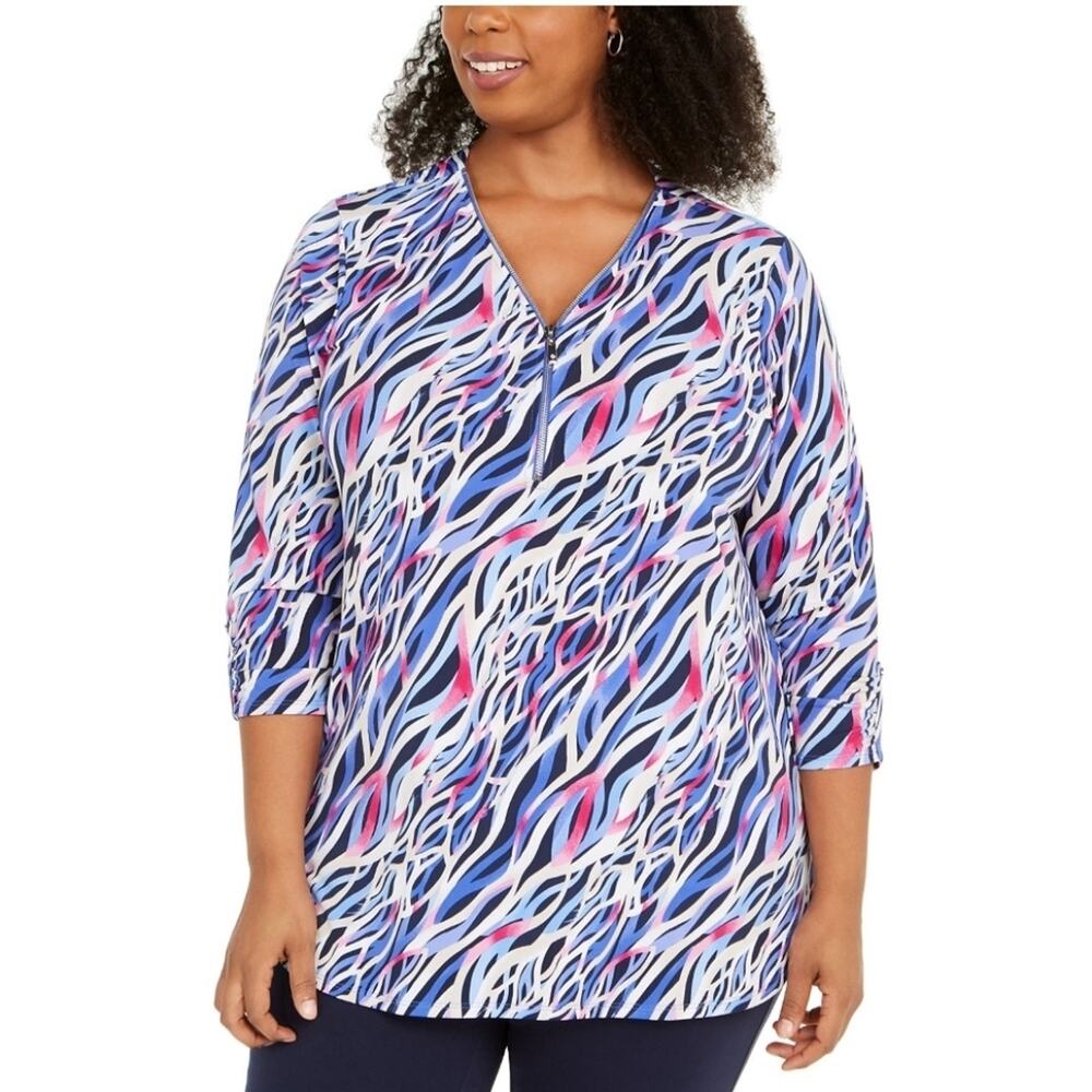 JM Collection Women's Plus Size Zip-Neck Printed Tunic Blue 3X